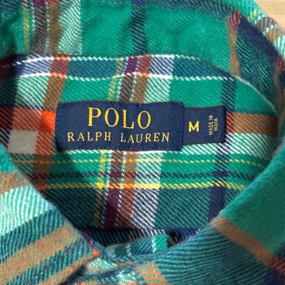 Polo Ralph Lauren Mens Flannel Shirt Green Plaid Elbow Patches Cotton Medium - Picture 2 of 7